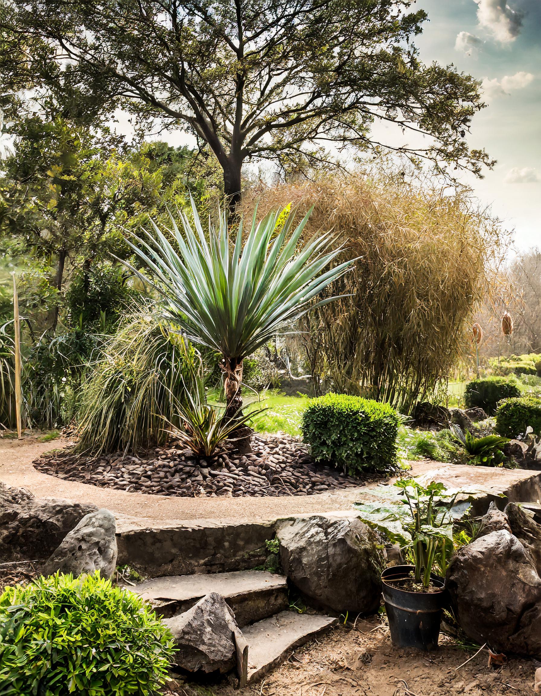 Gartenlandschaft mit blühenden Pflanzen und einem gepflegten Teich